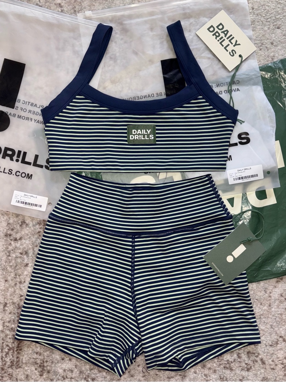 Daily Drills Active Set - Small | Navy & Mint Stripe Bra & Shorts, Play! Drop